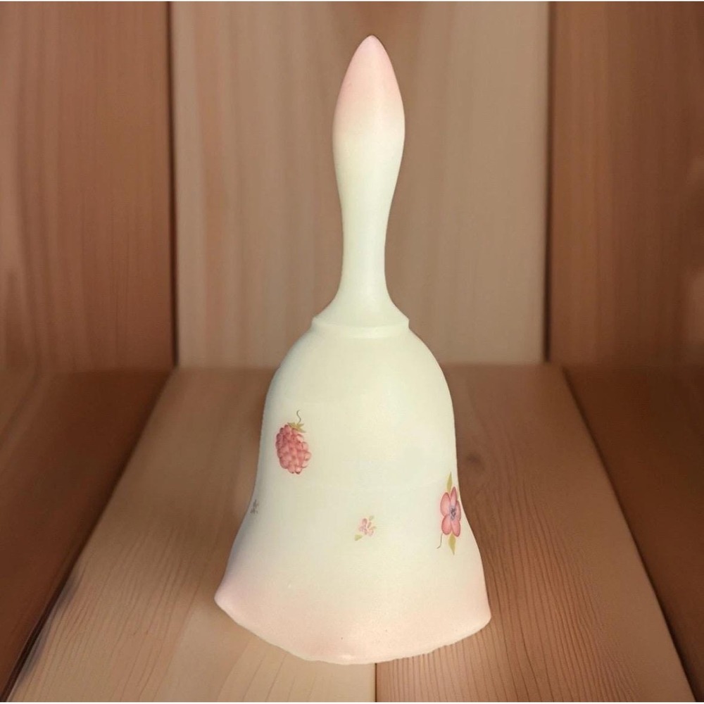 VTG Fenton Satin Glass Bell Hand Painted Pink Raspberries Signed Terri M. 6 5/8"